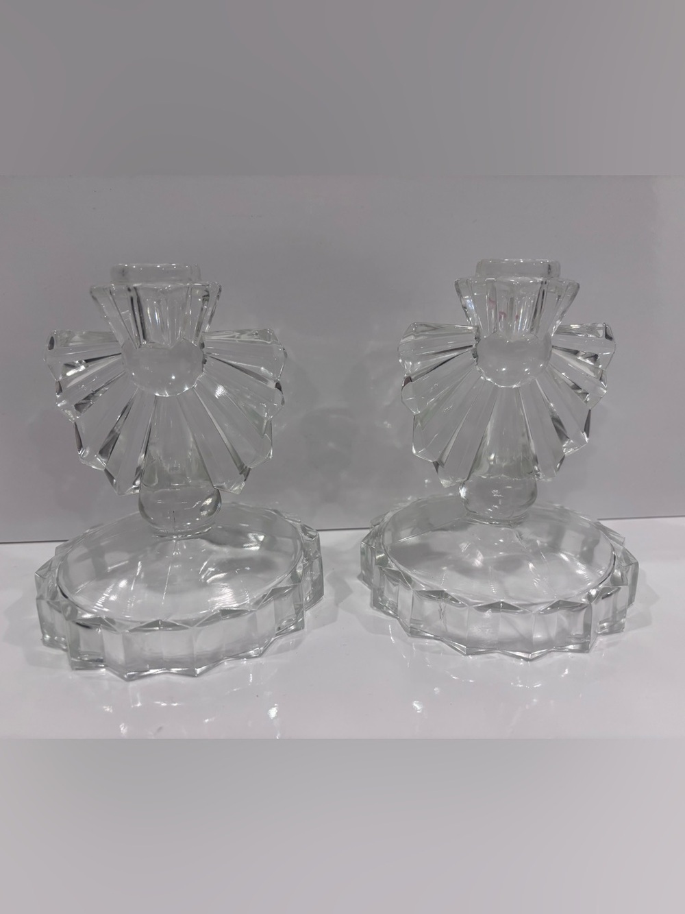 Vintage MCM  Candlestick Holders Pair Clear Art Deco Style